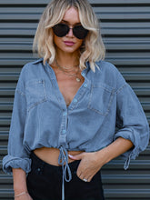 Loose Single-Breasted Button Lapel Drawstring Cropped Long Sleeves Denim T-Shirt